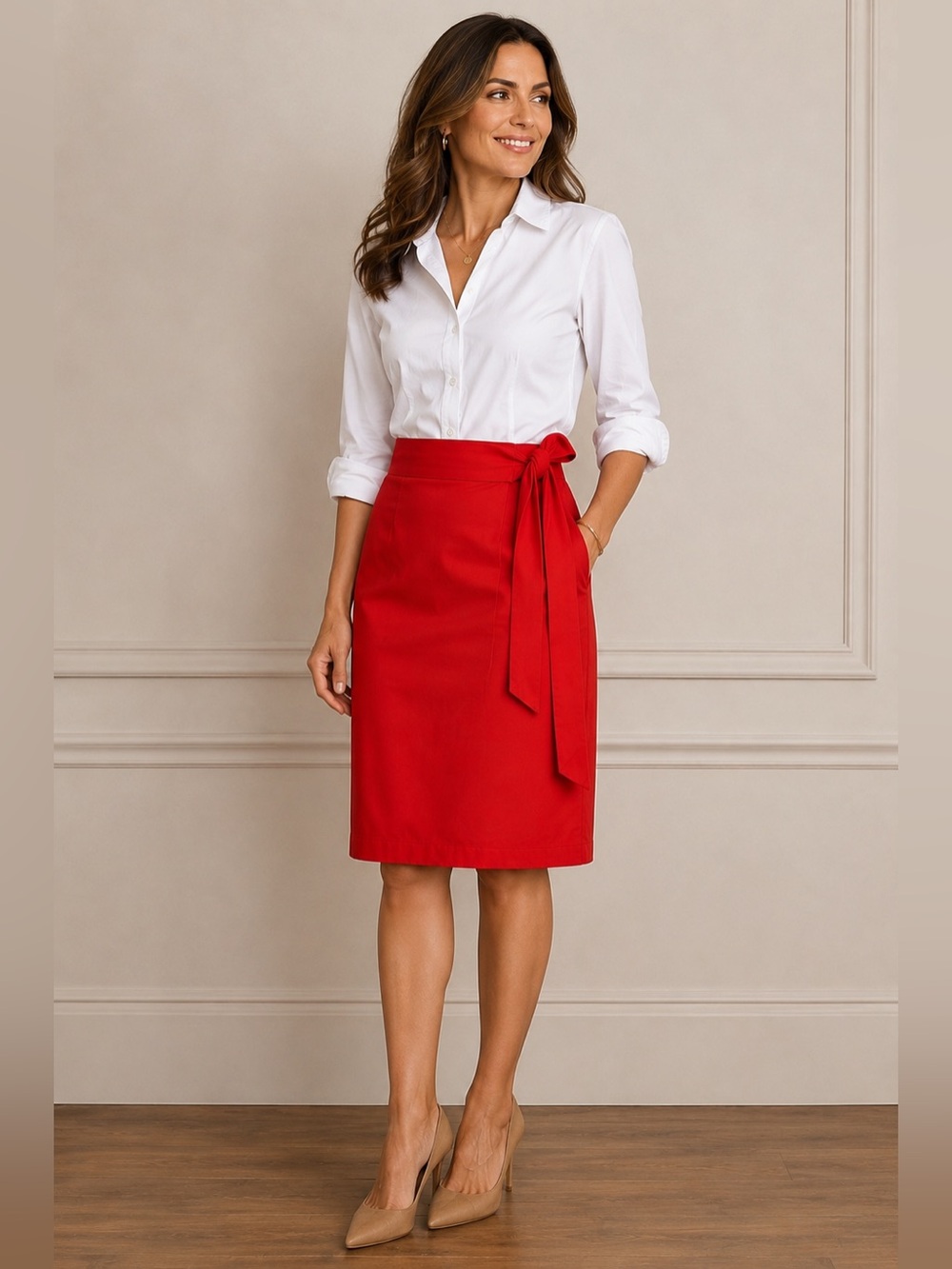 HERMES Red 100% Cotton Wrap Skirt with Pockets Size 42EU 10US